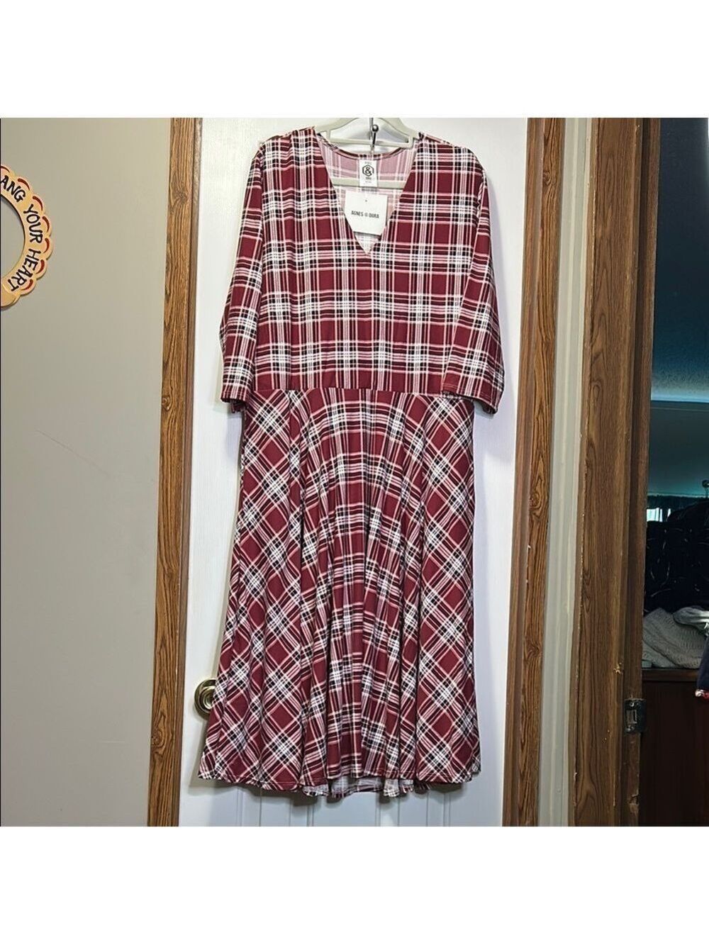 Agnes & Dora Red and White Plaid Midi Dress V-Neck 3XL NWT
